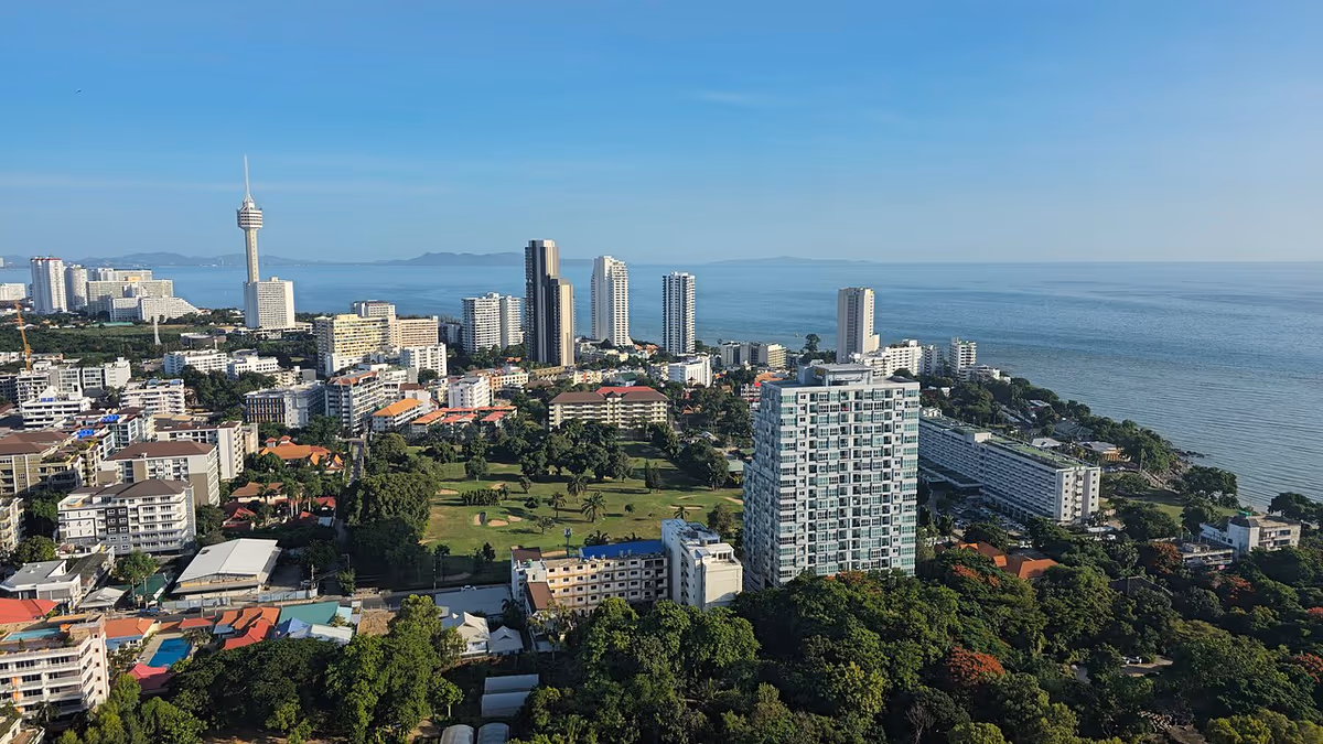 Aerial view of Jomtien Beach coastline in Pattaya with high-rise buildings and the Gulf